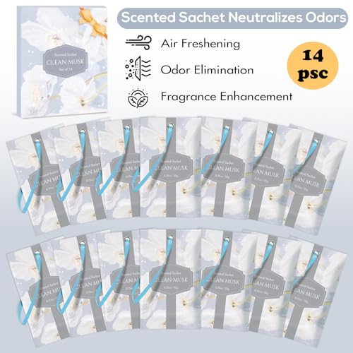 Image of SCENTORINI Scented Sachets for Drawer and Closet, Pure Musk Scent 14 Pack | Long-Lasting Sachets Bags Gift Set, Wardrobe Freshener for Dresser, Closet, Clothes Storage, Suitcases, Gym Bag, Locker