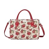 Esta bolsa de viaje para mujer cierra con un cierre doble en la parte superior; contiene un bolso interno con cierre para guardar objetos; tiene una base reforzada con cuatro patas con tachuelas para soporte y tiene un par de resistentes asas de cuero sintético para transportarla.