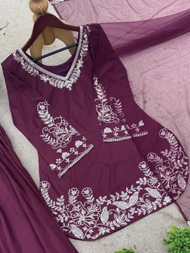 Image of Durwa wondermart Women Silk Crepe Embroidery Work full sleeve v neck with Patiala Gharara with net fabric dupatta set for women
