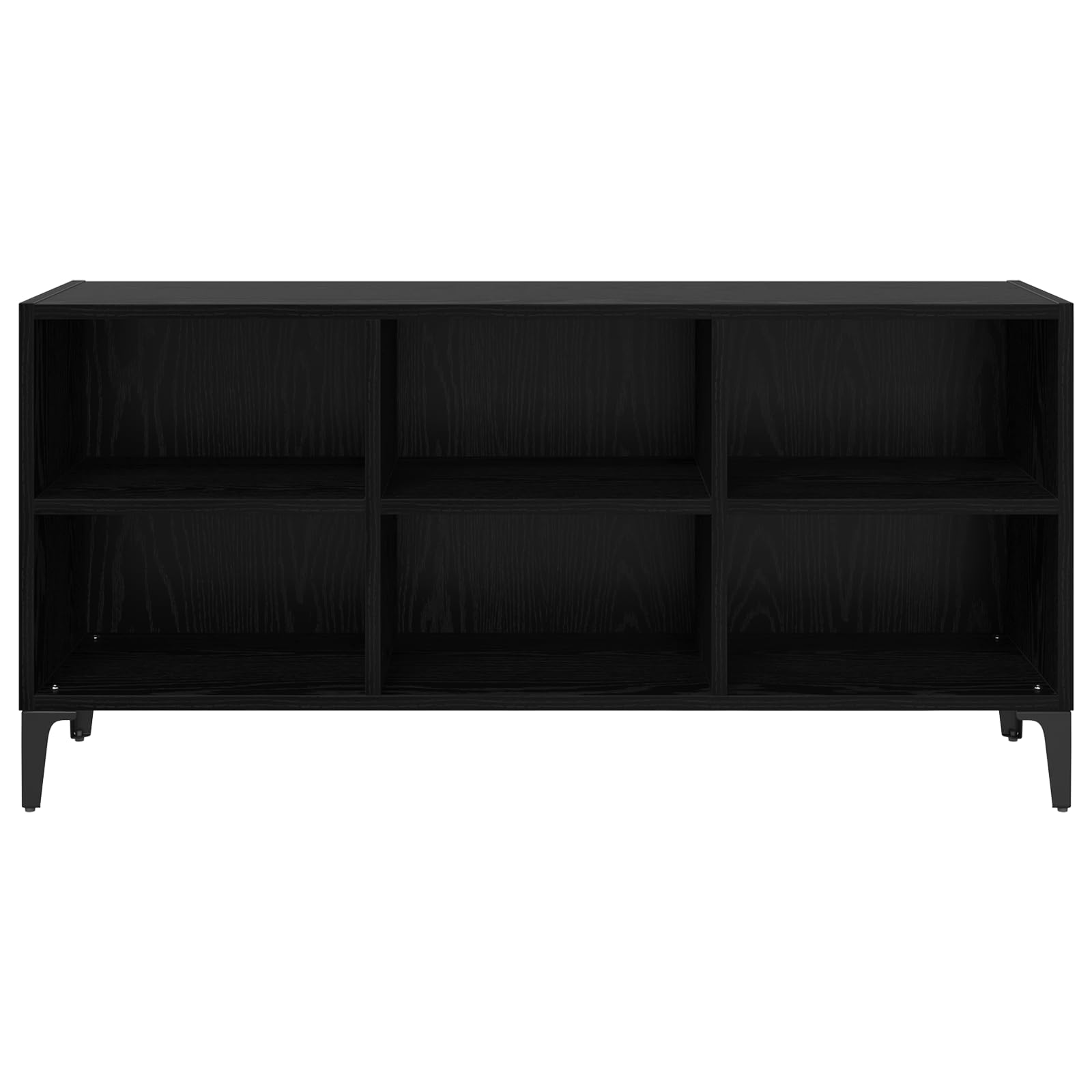 Black Oak TV Stand with Storage | Modern entertainment center features open shelves for media players and gaming consoles in the living room.