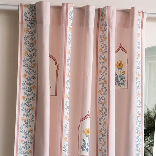 Image of Tranquebar Curtain Co. Window Curtains 5 Feet, 60-65% Room Darkening,Multi Peach Mughal Print, Cotton Curtains for Window, Cotton Curtains 5 Feet Long Set of 2, BackTab Loops,Noor (152 cm) - Set of 2