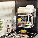 Besamery Wall Mounted Dish Drying Rack with Knives Holder, Hook*4, Hanging Wall Mounted Dish Rack with Adjustable Layer & Drain Tray*2, Adhesive Mountable, Length: 15.9', Washable, Gray