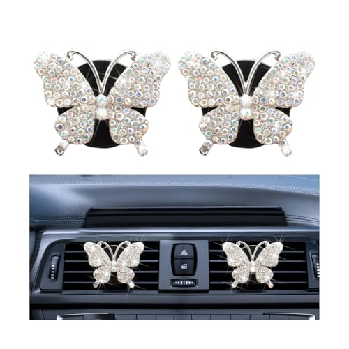 Bittwee 2PCS Bling Butterfly Car Freshener Air Vent Clips, Sparkling Crystal Rhinestone Auto Diffuser Clamps, Full Diamond Vehicle Interior Decoration Charm for Women Girls, Universal Fit?AB?