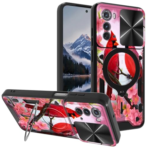 for Motorola Edge-2022 Case, with Slide Camera Cover&Shockproof Bracket, Dual Layer Durable Heavy Duty Protective Cell Phone Case for Moto Edge 2022,Red Birds Pink Flowers