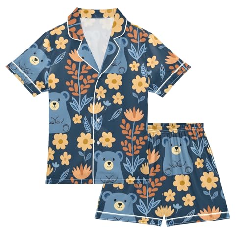 ALAZA Bear Flower Navy Blue Pajamas Satin Pajama Set Short Sleeve Button Down Sleepwear