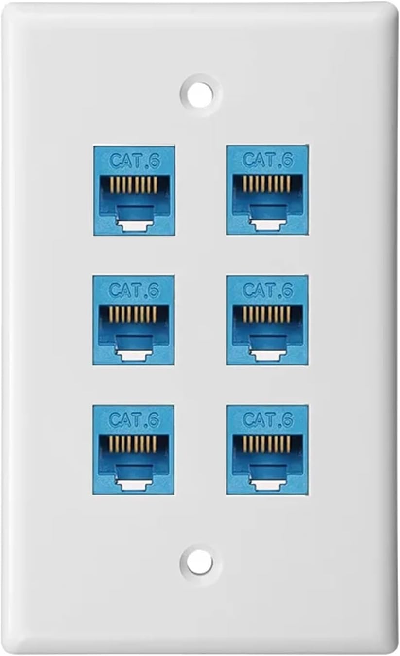1-pack Cat 6 Ethernet wall plate, Ethernet wall plate female to female detachable, compatible with Cat6/5/5e Ethernet devices(Blue 6-Port)
