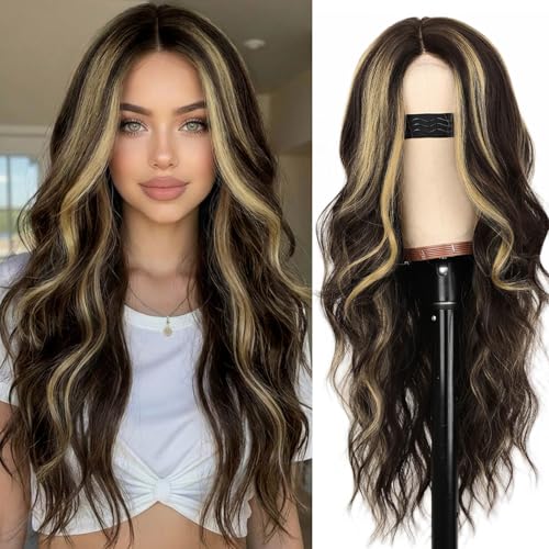 Image of AISI HAIR Long Wavy Dark Brown with Blonde Highlight Lace Hairline Wigs for Women，Middle Part Synthetic Heat Resistant Wig for Daily Party-26 Inch