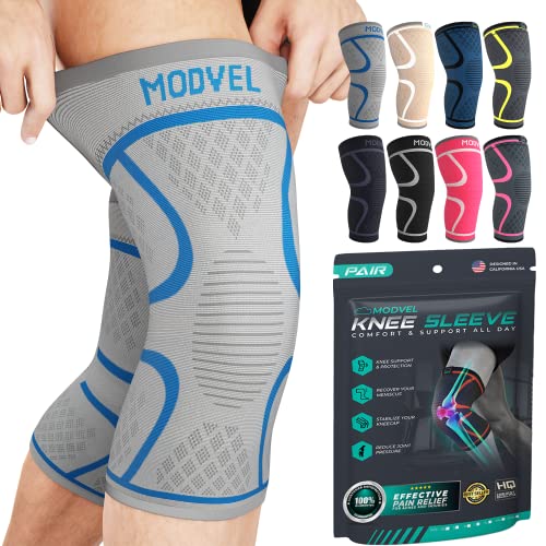 MODVEL Knee Brace Compression Sleeve – 2 Pack Support for Running, Gym, Joint Pain, ACL, Arthritis, Injury Recovery & Sports Use (L)