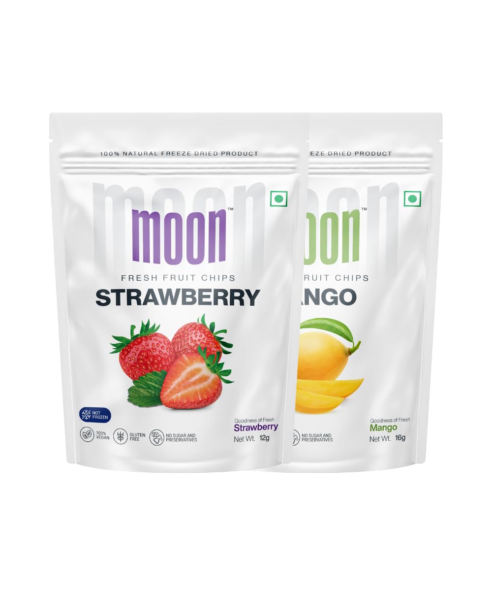 Moon Freeze Dried Strawberry Chips and Mango combo | No Preservatives, No Added Sugar, Healthy Dried Fruit | 100% Natural, Vegan, Gluten Free Snack for Kids and Adults |