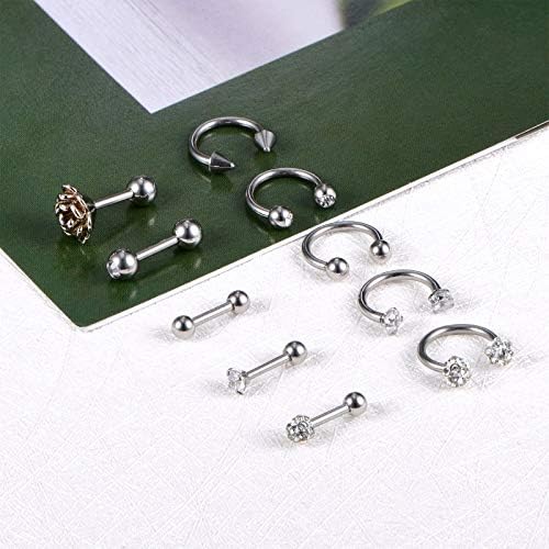 Crdifu 10pcs Tragus Helix Cartilage Bars 1.2mm Daith Rook Earrings Studs Rings Stainless Steel Piercing Jewellery