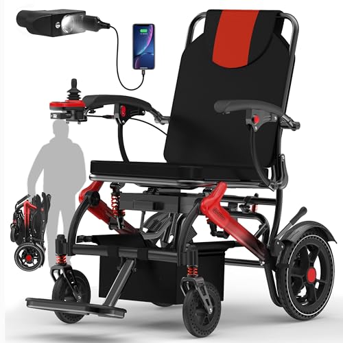 Electric Wheelchairs for Adults Foldable 36LBS Lightweight, Airline Approval, 15 Miles Travel Range, Max Support 350 LBS, 500W Brushless Motors Power Motorized for Seniors& LED Light-Red Style