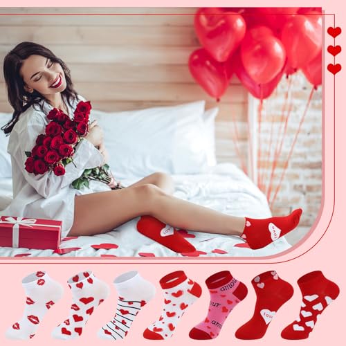 Image of Short Valentine Heart Socks for Women, Red Pink White Heart Ankle Crew Low Cut Galentines Socks Bulk for Women