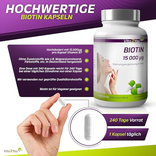 Biotin Vita2You 15.000 mcg (Vitamin B7) 240 Kapseln hochdosiert