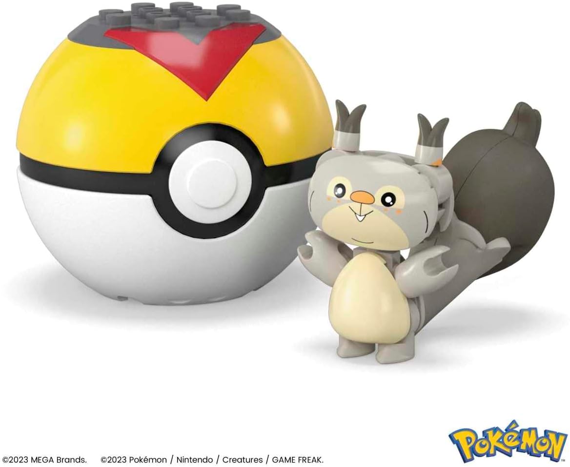 Assembled Skwovet figure standing next to a closed Poké Ball, both constructed from building blocks.
