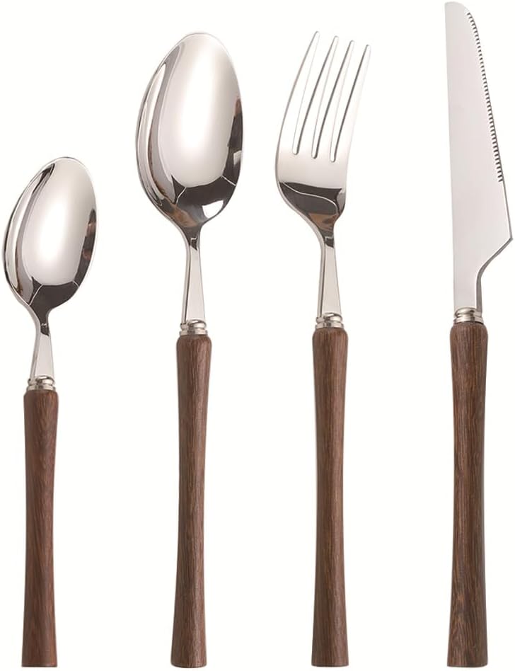 Wooden handle stainless steel spoon, knife and fork