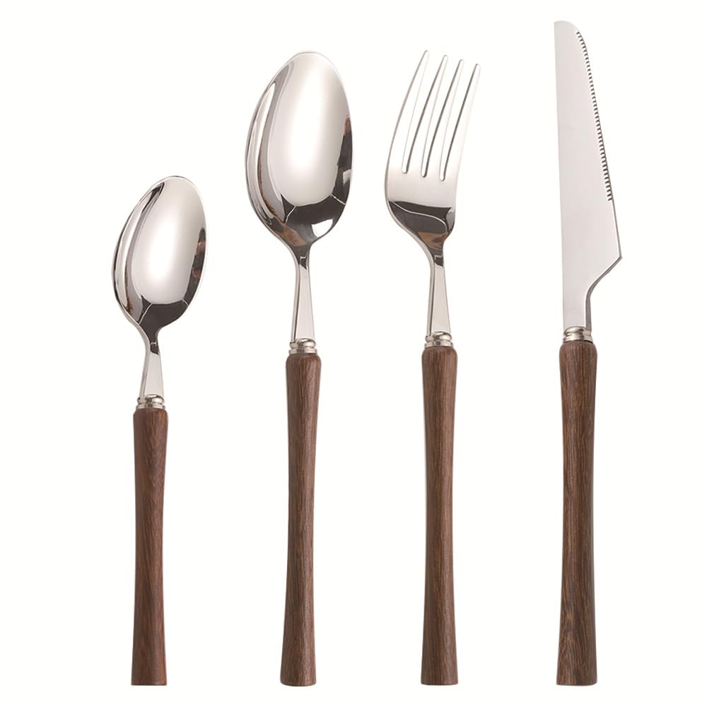 Ensemble De Couverts en Bois Et Acier Inoxydable, Couteaux, Fourchettes, Cuillères, Plusieurs Tailles, 4, 16, 24 Ou 32 Pièces, Ustensiles De Table pour Les Repas De Brown 4Set-16Pcs