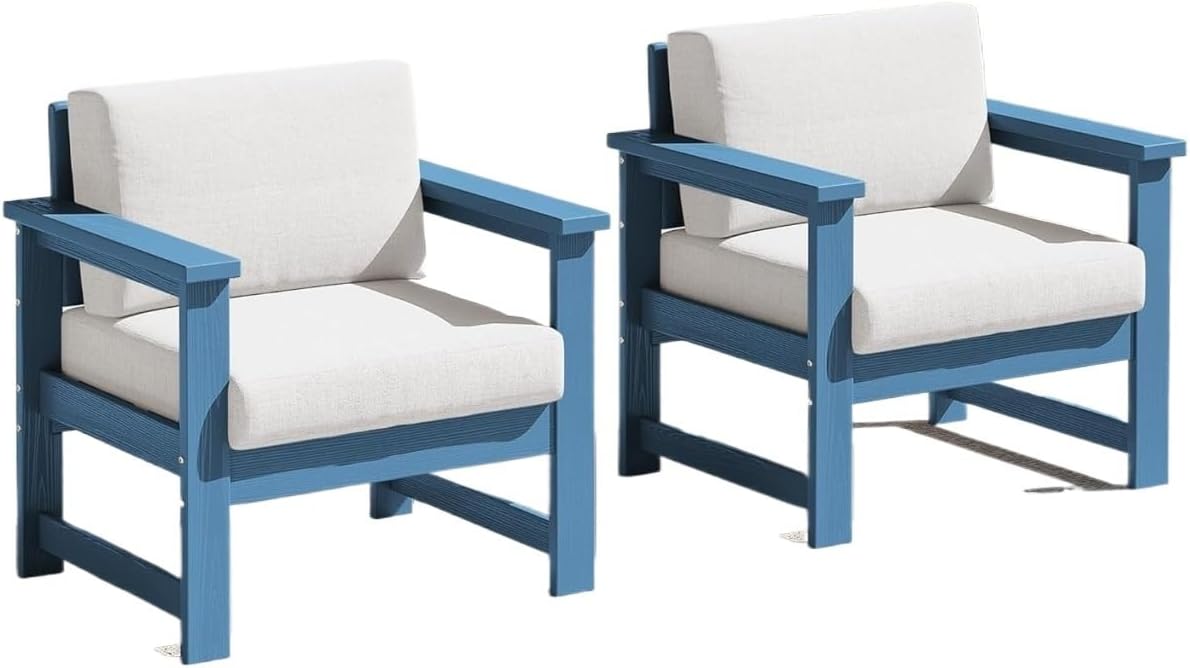 2 Sets of Single Armchairs, Made of Polyethylene, with Cushions, Suitable for Gardens and Balconies(Blue Frame/Khaki Cushion)