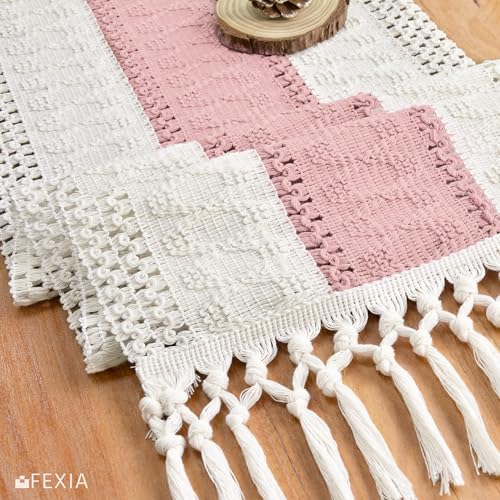 Image of FEXIA Boho Table Runner Summer Home Decor with Tassels 72 Inches Long Pink Farmhouse Rustic Table Runner Burlap Centerpieces for Tables Decoration for Living Room (12x72 Inches)