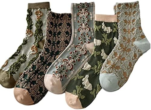 PIPLYKI 5 Pairs Womens Floral Cotton Socks, Vintage Embroidered Floral Socks, Warm Vintage Floral Socks for Winter