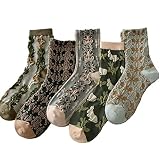 PIPLYKI 5 Pairs Womens Floral Cotton Socks, Vintage Embroidered Floral Socks, Warm Vintage Floral So