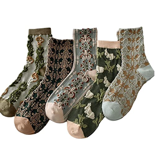 Piplyki 5 Pairs Womens Floral Cotton Socks, Vintage Embroidered Floral Socks, Warm Vintage Floral Socks For Winter #TOP1
