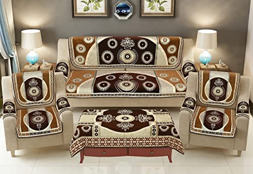 Image of Sawna Homes 5 Seater Sofa Cover Set - 3 + 1+1 Chennile Heavy Velvet Fabric Sofa Cover Back 5 Seater With 6 Pcs Arms Sofa Cover And Centre Table Cover, Coffee
