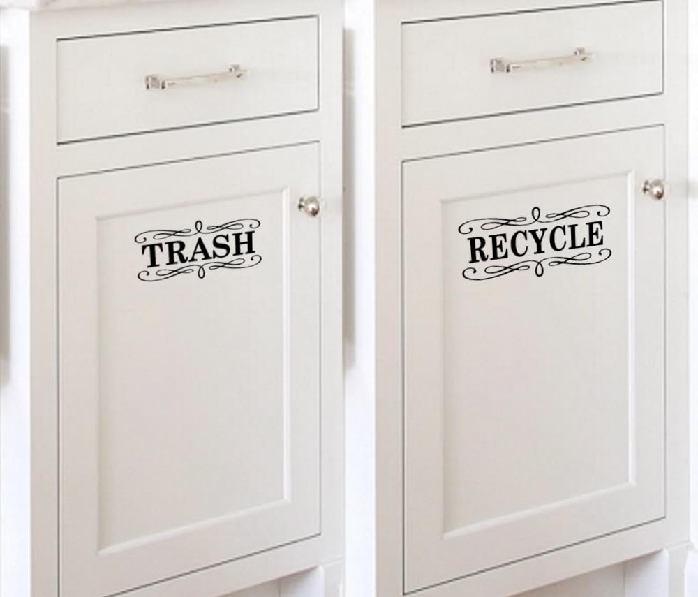 BERRYZILLA Trash Recycle Vinyl Decal Set 5.5" x 2.5" for Kitchen Cabinet Door Stainless Steel Trash Cans Elegant Script Handwriting Lettering Art