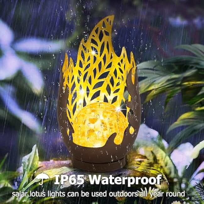 Huaxu Solar Lights Outdoor Decor Waterproof Metal Cracked Glass Globe with Copper Flame Effect, Table Decorations LED Lamp Gift for Garden Lovers Mom Women Patio Lawn Yard Pathway Outside
