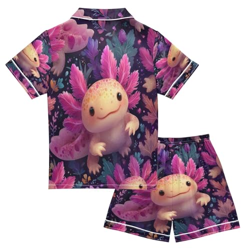 Satin Pajama Sets Short Sleeve Cute Axolotls Colorful Leaves Button Down Silky Nightwear 2 Piece PJS 5-14Y2