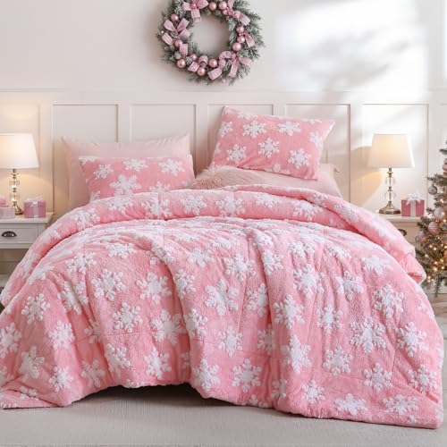 JANZAA Queen Comforter Set Christmas Bedding Fluffy Comforter with White Snowflake Stereoscopic on Pink Comforter Queen Size Soft Velvet Comforter Set