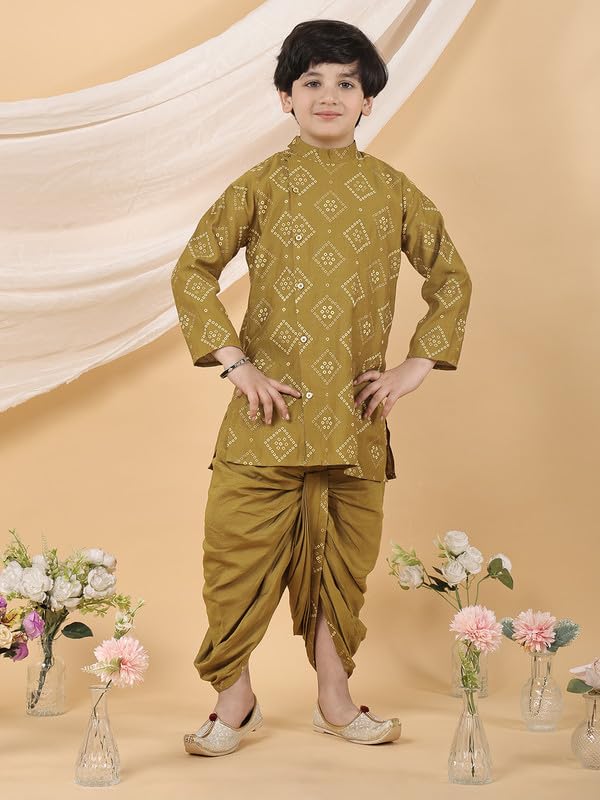 Image of superminis Boy's Golden Foil Printed Side Open Cotton Kurta, Round Collar, Full Sleeves Ethnic Wear Dhoti Kurta Set