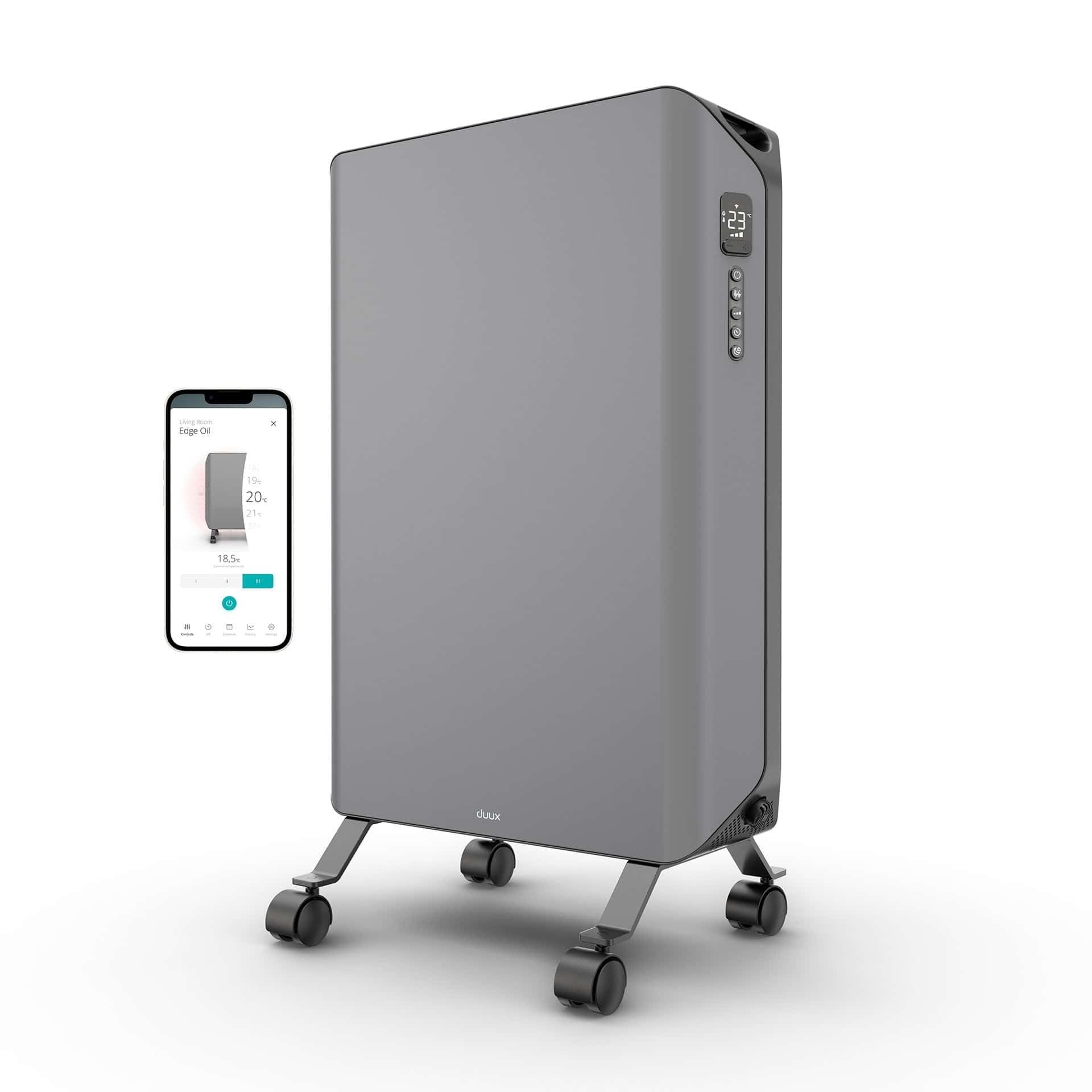 Duux Edge Oil Radiateur Bain d'huile Connecté - 2000W Radiateur Électrique avec Thermostat & mode éco - Gris