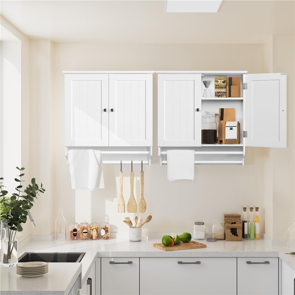 Yaheetech Meuble Haut/Armoire Murale de Salle de Bain en Bois, 60 x 22,5 x 64 cm, 2 Portes/Étagères/Porte-Serviettes, Meuble Suspendu Toilette WC Entrée Blanc