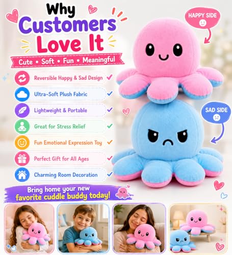 Image of Reversible Octopus Plush Toy 18 cm | Flip Mood Soft Toy | Double-Sided Happy & Angry Expression | Super Soft Stuffed Animal Plushie | Cute Kids Gift, Stress Relief Toy, Home Decor (Pink /Blue)