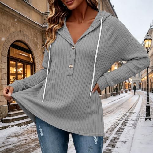 ENCURKUS Women's Sweatshirt Dress Casual V Neck Hooded Button Up Sweaters - image 3