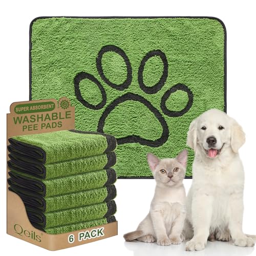 Image of Qeils Reusable Dog Pee Pads, 6 Pack Super Absorbent & Leakproof Washable Puppy Pads with Soft Green Top Layer, for Potty Training, Crates, Couch, Car Seats & Pet Beds, 30 inchx 34 inch