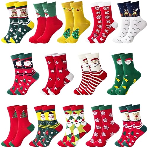14 Pairs Women's Christmas Socks,Novelty Colorful Patterns Socks,Xmas Cotton Socks for Girls,Holiday Gifts,Home Sleeping