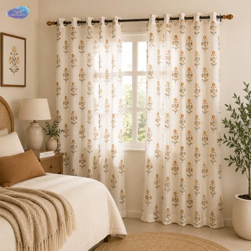 Image of Clasiko Block Print Sheer Door Curtains| 7 Feet | 40% Light Filtering Linen Textured Curtains with Eyelets & Tieback | Handcrafted Floral
