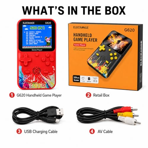 Image of G620 Handheld Game Console for Kids with 500 Built-in Retro Games, 3.0 Inch Colour LCD Screen, Rechargeable Portable Video Game Player with TV AV Output, USB Charging Cable, Multicolour