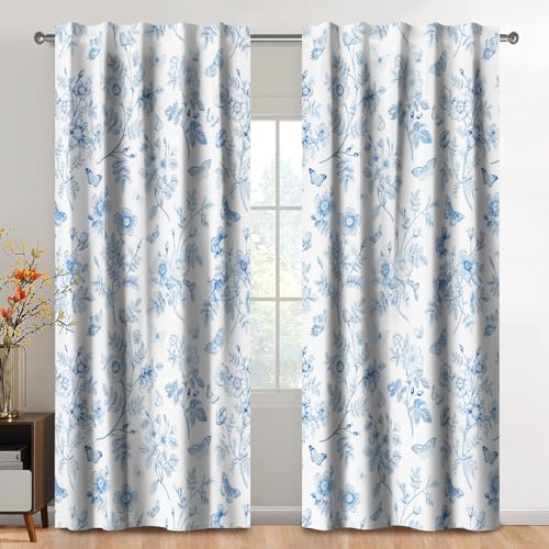 Kzzfqxb 117x138cm Rideaux Floraux 2 Panneaux, Bleu Clair succursales avec de Belles Fleurs et des Papillons modèle drapés de fenêtre, décoration élégante...