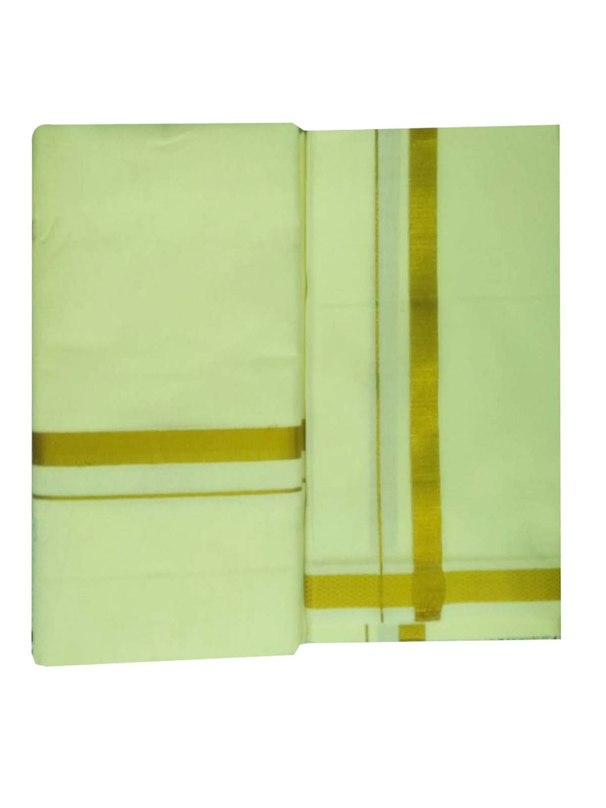 Dhoti En Coton Double Couche Avec Bordure Zari Dorée Pour Homme - Taille Unique, 3,6 M + Angavastram 1,2 M, Couleur Crème, Traditionnel Et élégant - 2