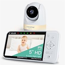 Babysense Babyphone mit Kamera 5 Zoll 720P HD Ohne WLAN 6-Farben Nachtlicht Wiegenlieder 300m Reichweite Zwei-Wege-Audio ECO Modus 4X Zoom 4000mAh Akku