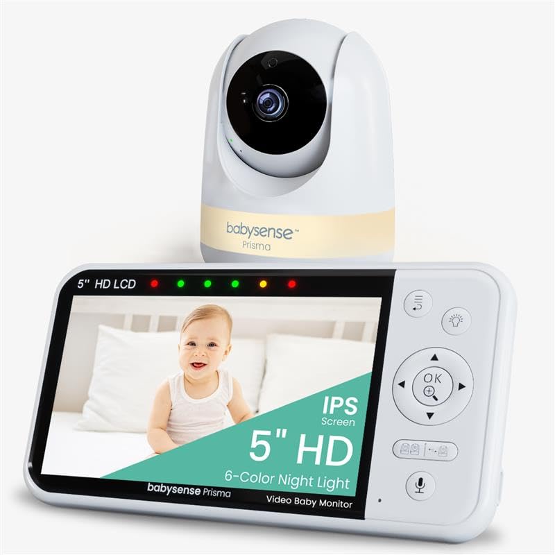Babysense Prisma Babyphone mit Kamera und Audio, 5' HD-Video-Babyphone, 6-Farben-Nachtlicht, geteilter Bildschirm, Baby-Sound-Maschine mit weißem Rauschen & Schlafliedern, sicher ohne WiFi