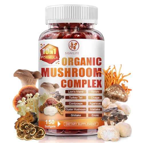 SIGNILIFE 10 in 1 Lions Mane Mushroom Supplement with Turkey Tail, Reishi,Cordyceps, Chaga & More - Brain Supplements for Memory and Focus-150 Softgels