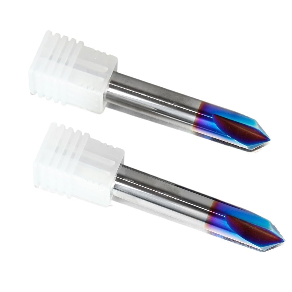 Fresa de carburo 90 grados for chaflán HRC65, ranura en V, 2-3 flautas, herramienta fresado metal con revestimiento azul nano for tallado, biselado y desbarbado(D10X75LX90R 2Flute)