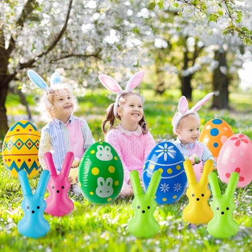 Haooryx Ostern Inflationsdecoration - 10 Stück Inflationskaninchen & Eier, Bunte Aufblasbare Osterhasen und Ostereier, Ideale Dekoration für Garten, Rasen, Balkon, Osterevents, Geburtstage, Partydeko