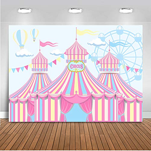 Mehofoto Fondo de cumpleaños de circo para niña de 2,1 x 1,5 m, carpa de carnaval de circo, globo de aire caliente, rueda de la noria, fondo de fotografía de fiesta de circo, telones de fondo rosa