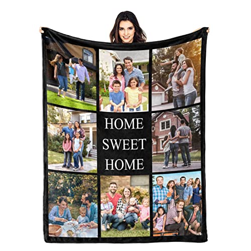 Custom Blanket Personalized Throw Blanket with Home Sweet Home, Customized Throws Blankets with Photo and Text as Gifts for Family, on Mothers Day, Fathers Day, Birthday, Anniversary