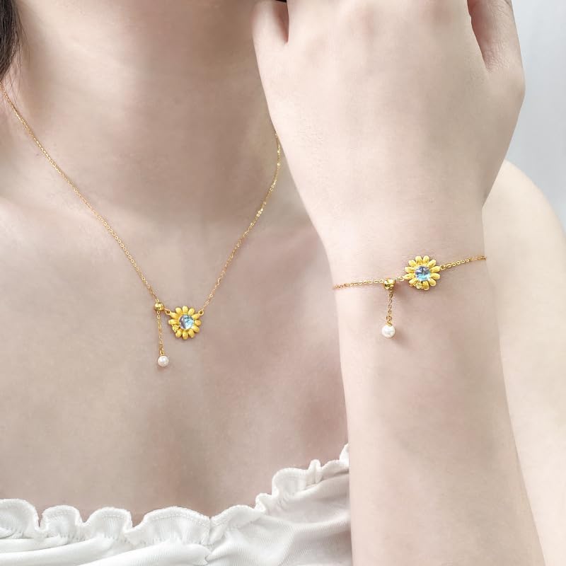 14K Gold Sunflower Bracelet, Moonstone and Pearl with Moissanite Accents Bracelet, Ideal Gift for Her - Image 4