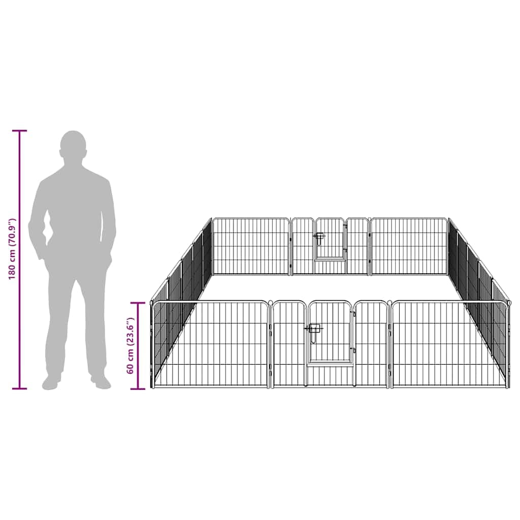 Box per Cani 16 Pannelli Acciaio 60x80 cm Nero | 2 Porte a Battente con Chiavistelli, Pali da Terra Inclusi, Uso Esterno e Interno